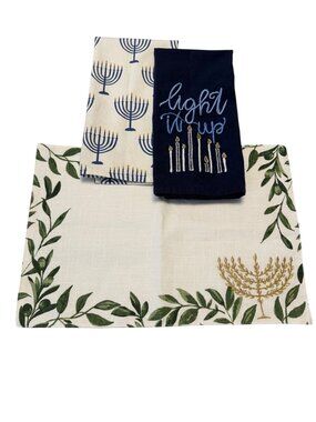 Hanukkah Kitchen Towel Set Light It Up Menorah Placemat Festive Lights Cotton Ju
